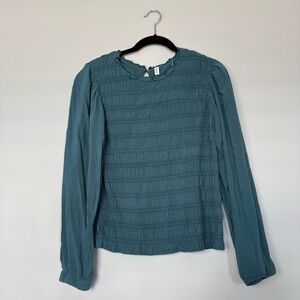 Teal Blue Smocked Long Sleeve Peasant Blouse Boho, Cottagecore, Textured